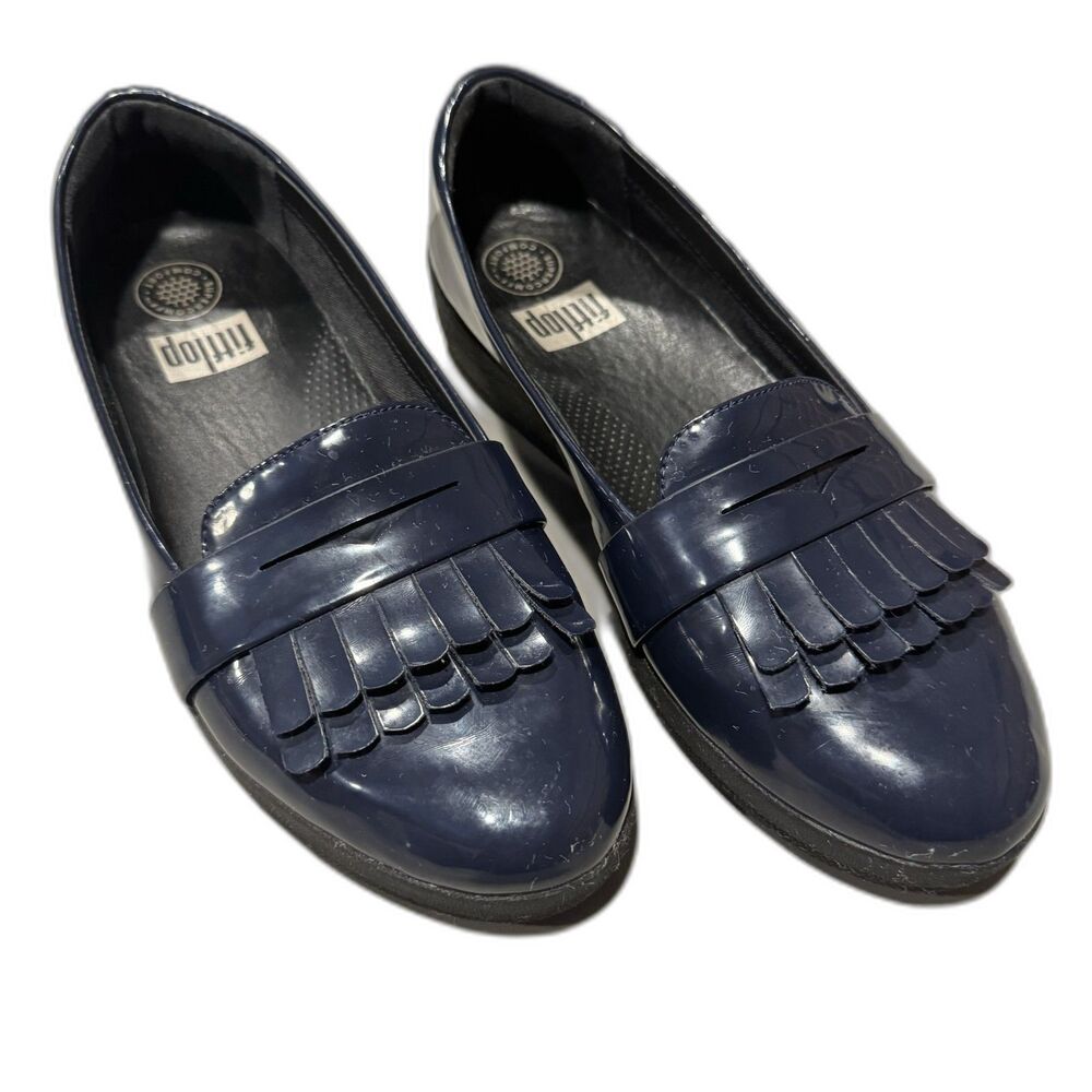 FitFlop Fringey Patent Loafer Navy Slip On Comfort Academia Preppy Women sz 8